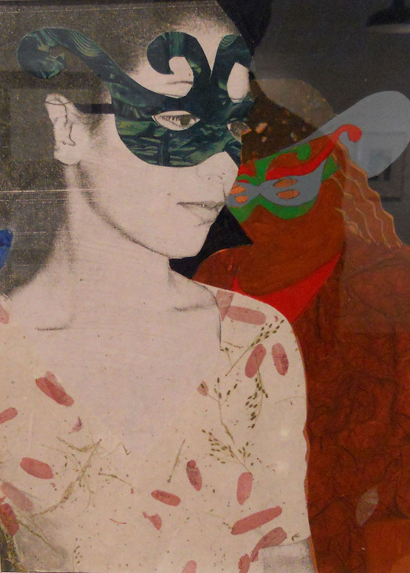 MaskedGirl by Jerry Butler. Mixed media collage in illustration board, 14 x 16, 2008.