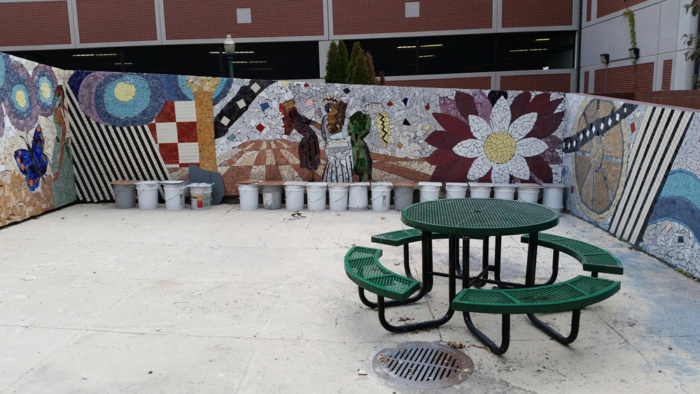 Student Work, Campus Mosaic, Repurposed ceramic materials, 2014. Worked with a dynamically diverse group to develop this work. The group includes; 100 level multimedia students for Central Connecticut State University, Capital Workforce Development and United Way of Central and Northwestern Connecticut.